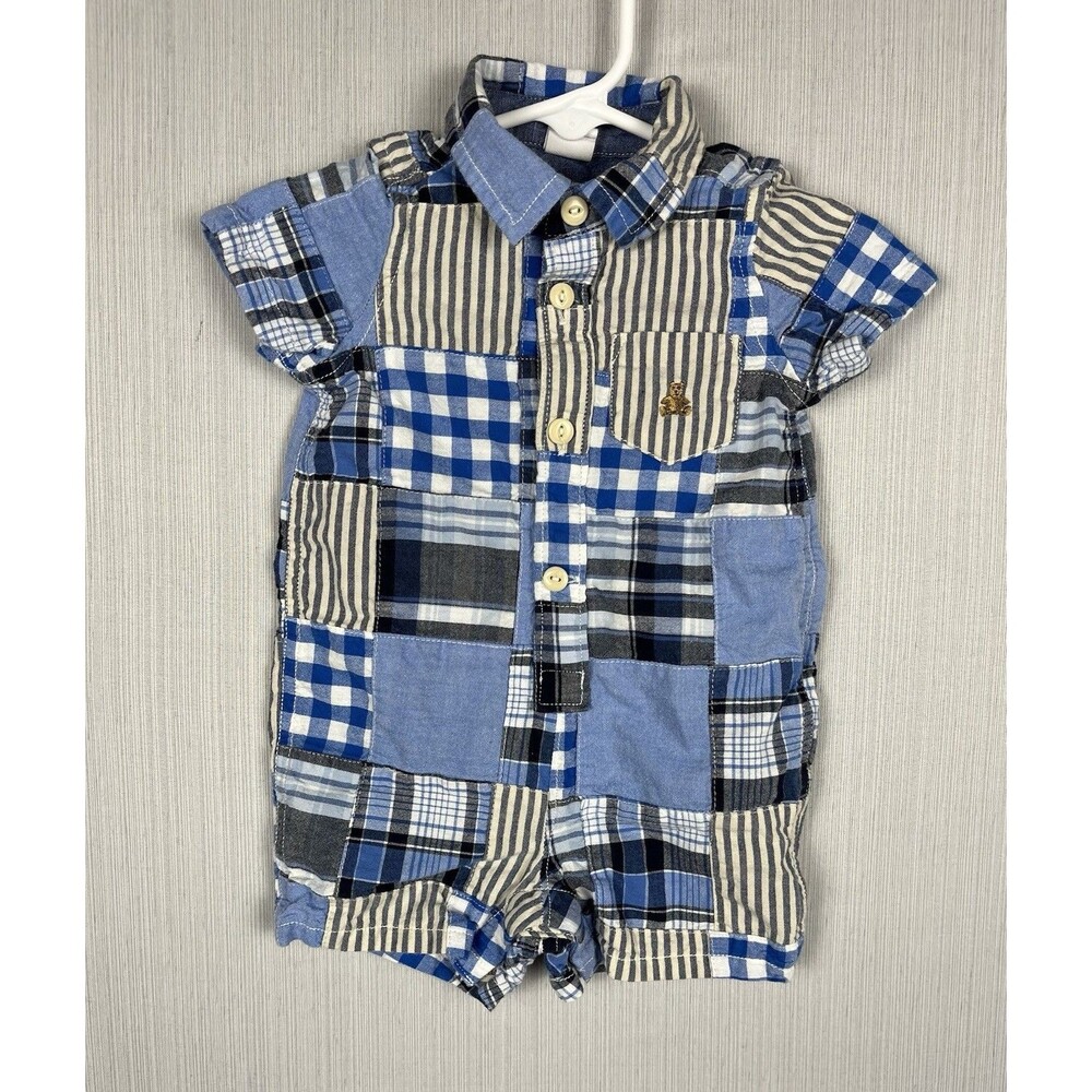 babyGap Romper 3-6M Blue Patchwork Plaid Collar Romper One Piece Preppy‎ Classic